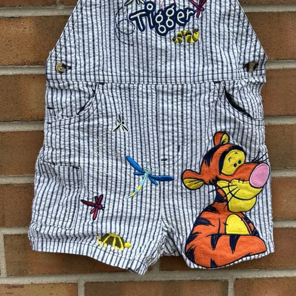 Vintage Disneyland Pinstripe Tigger Overall Shortall Sz 24 Mos Winnie The Pooh